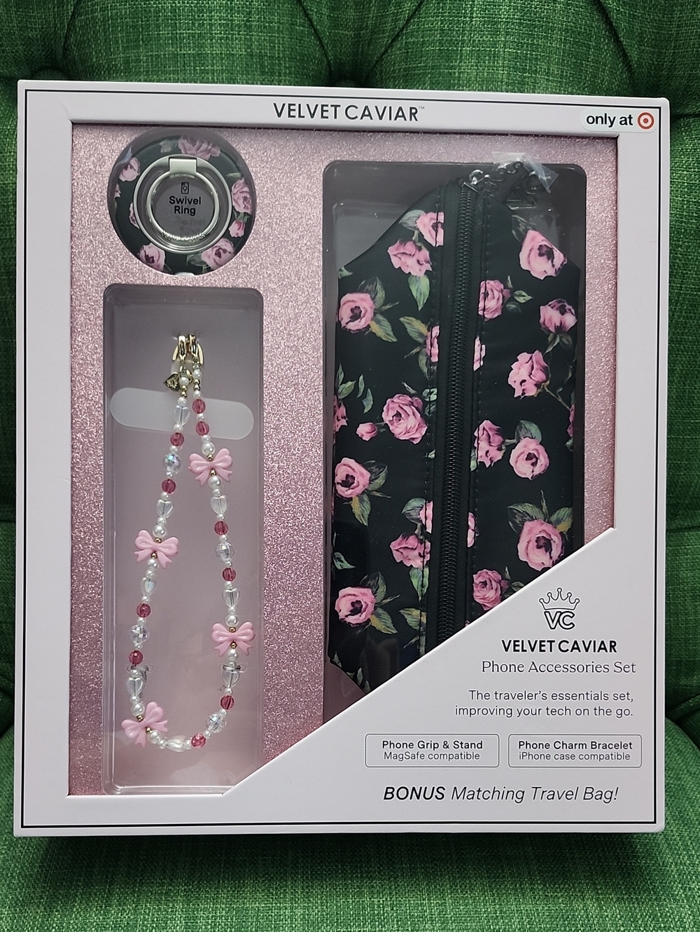 Velvet Caviar Black & Pink Floral Phone Accessory Set with Matching Travel Bag